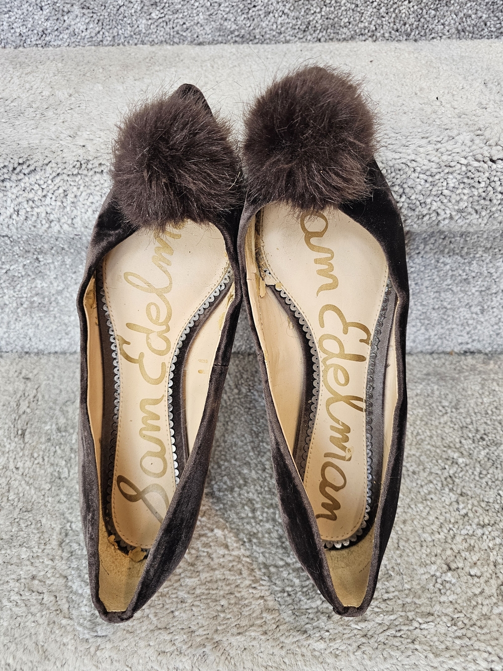 Sam Edelman Dark Brown Velvet Pom-Pom Ballet Flats Womens Size 10.5